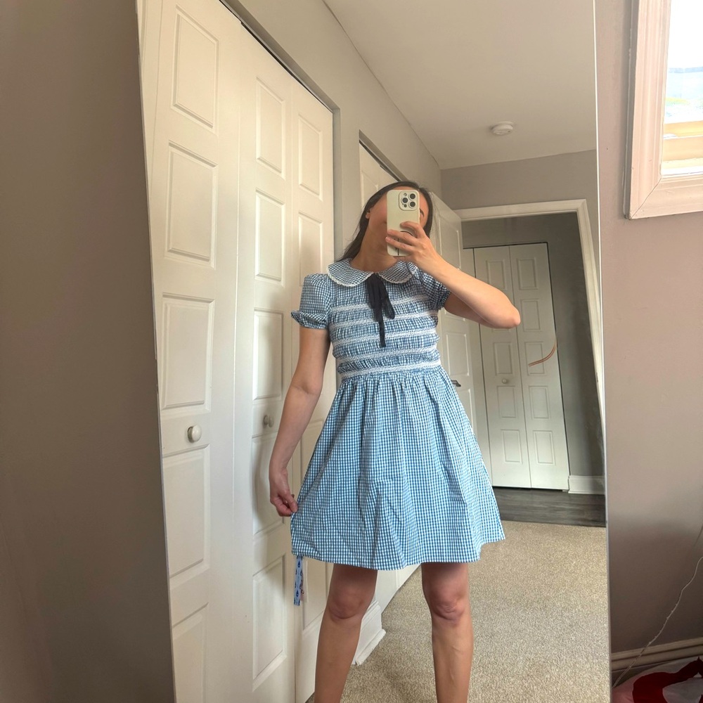 Brand new, Blue Gingham Dress with Black Bow